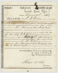 General Land Office headright certificate No. 13/56 for 640 acres to P. W. Fuller, signed Francis M. White, Commissioner.