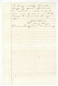 Closing certificate of County Surveyor John W. Irwin, Corsicana, 1 January 1872, that the plat and field notes are correct and recorded in Book C, page 4.