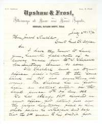 Letter of 2 July 1872 from Upshaw & Frost, Corsicana attorneys, to the Land Commissioner, sending field notes for Shepard's 160-acre claim and asking that his fee deposit stand.