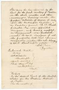 First page of a certified court transcript from 1869 about a Corsicana bankruptcy, filed in this file in 1879.