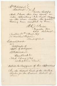 Court register's certificate of 30 April 1869 appointing an assignee in the Corsicana bankruptcy, from the transcript.