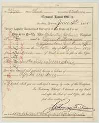 Land Office certificate No. 23/73, 1 June 1878, for an unlocated balance of 52 acres due to George W. Dunegan.