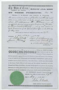 Conveyance of 29 May 1857 by Thomas F. McKinney and Samuel M. Williams, through attorney S. M. Swenson, selling the certificate to William W. Oliver for $128.