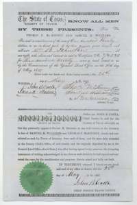Transfer of certificate 2/4540, 320 acres, from Thomas F. McKinney and Samuel M. Williams to William B. Johnston for $130, signed at Austin 28 May 1857.