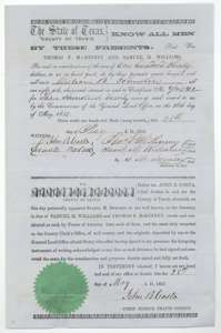 Transfer of certificate 2/4541, 320 acres, from Thomas F. McKinney and Samuel M. Williams to William B. Johnston for $130, signed at Austin 28 May 1857.