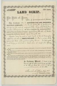Land Scrip No. 570 for 640 acres issued by the Commissioner of Claims at Austin to the Houston Tap and Brazoria Railway Company.